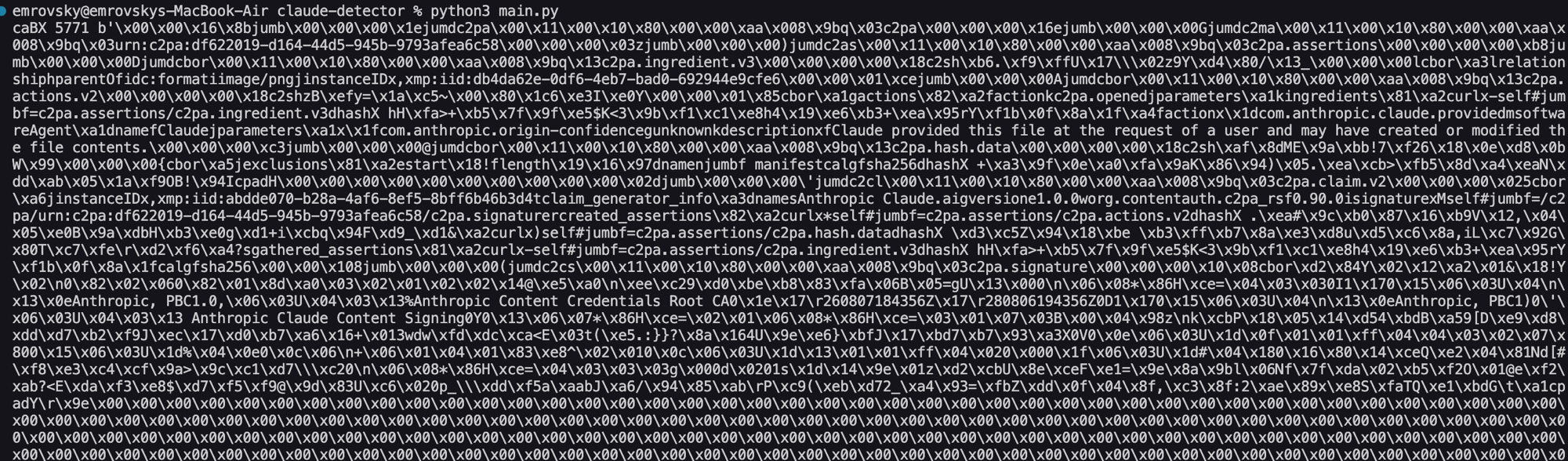 Script output showing the caBX chunk data