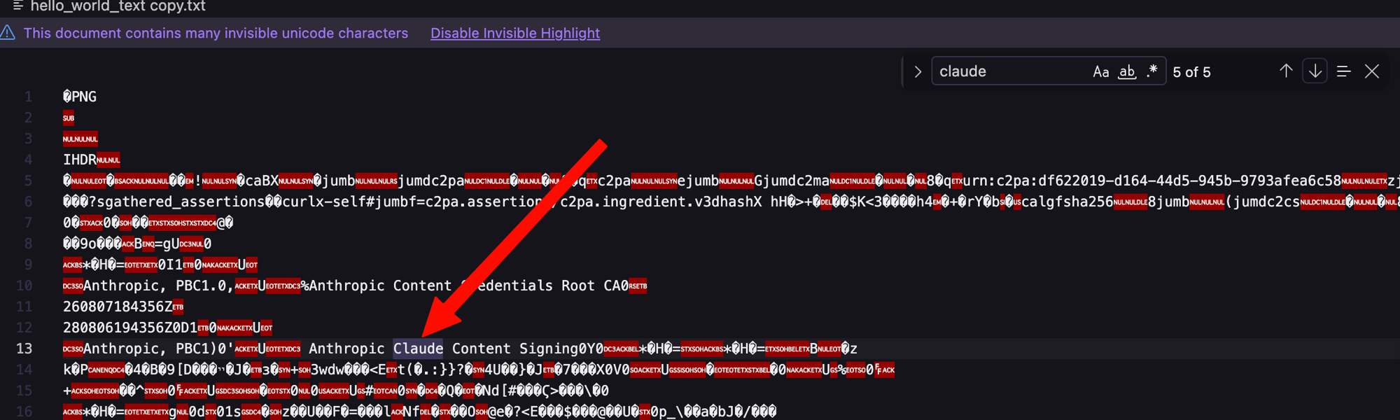 Anthropic Claude Content Signing string visible in the raw file