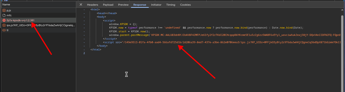 The /fp response showing the iframe HTML with ips.js script tag