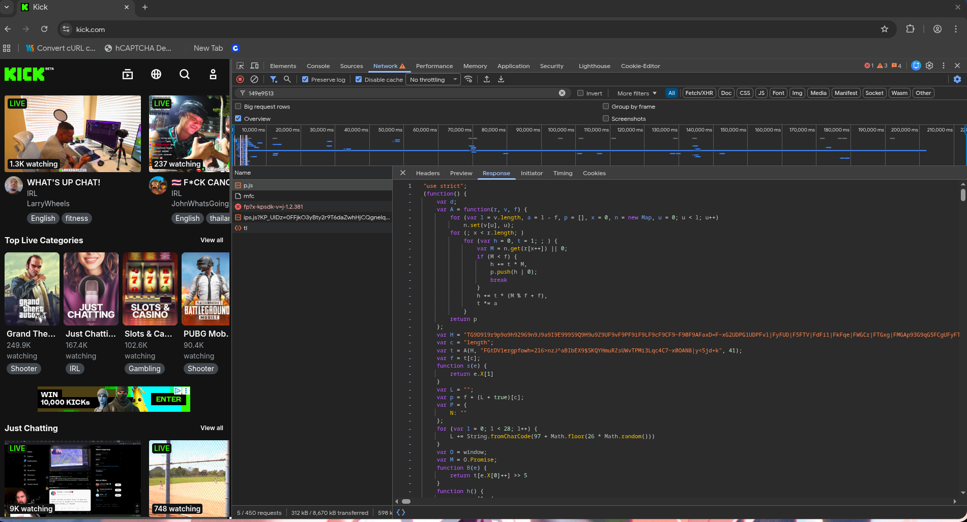 Kick network tab showing the anti-bot request flow
